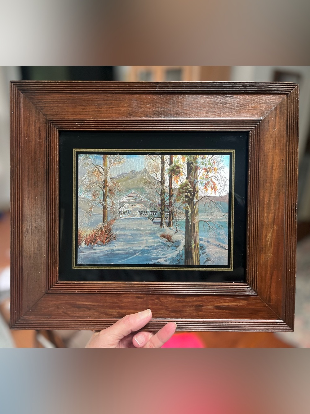 Framed Winter Landscape Foil Art - Snowy Covered Bridge-MCM
